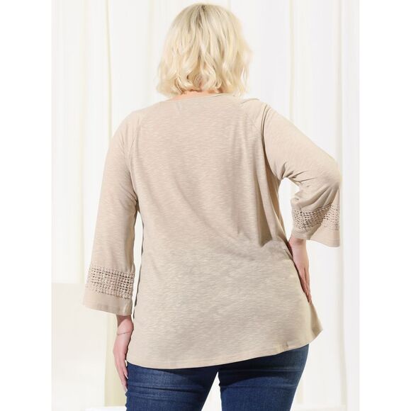 Women's Plus Size Crochet Panel Kimono Raglan Sleeves Tops Apricot - Picture 5 of 6